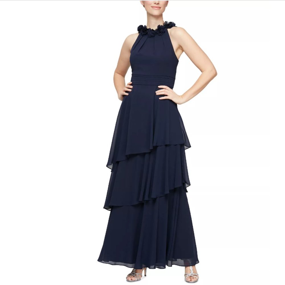 NWT $245 ALEX & EVE Navy Chiffon Tiered Flower Halter Gown, Size 6